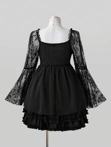 Sunspun Halloween Plus Size Chiffon V-Neck Cinched Waist Flared Sleeve Spider Web Blouse Dark Style - Black - View 2