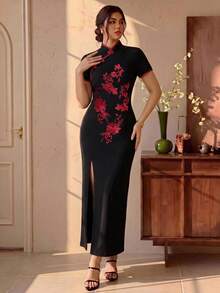 EMERY ROSE Abito elegante estivo taglie forti con ricamo floreale per invitata a matrimonio, sposa, palestra, serata, tè nero e uso quotidiano - nero - Visualizzare 2