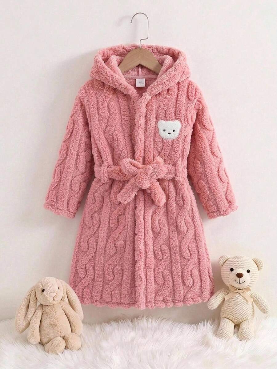 SHEIN 女童少女心形圖案保暖內裡厚絨連帽長袖抽繩家居浴袍 秋冬睡衣 粉色可愛 - 彩色 - 查看 1