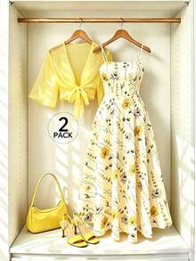 Franclia Plus Size Women's Floral Chiffon Dress With Cardigan, Elegant 2-Piece Set For Summer Fall Cloth For Women - Yellow - View 9