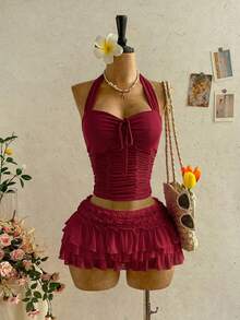 Soleia Damen Frühling/Sommer romantisches Urlaubs Chiffon plissiert rückenfrei Neckholder Top - Bordeaux - Übersicht 9