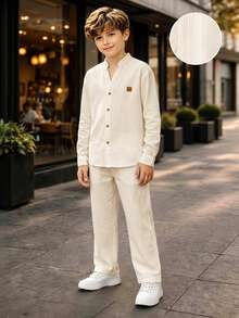 SHEIN 2pcs Kids Tween Boy Casual Daily Printed Pattern Stand Collar Button-Down Loose Long Sleeve Apricot Shirt Straight Leg Apricot Pants Set, Spring Summer Fall Winter, Valentine's Day, Date - Apricot - View 1
