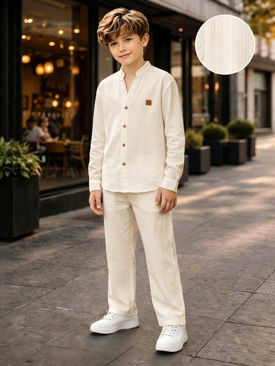 SHEIN 2pcs Kids Tween Boy Casual Daily Printed Pattern Stand Collar Button-Down Loose Long Sleeve Apricot Shirt Straight Leg Apricot Pants Set, Spring Summer Fall Winter, Valentine's Day, Date - Apricot - View 1