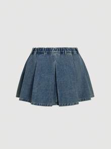 SHEIN MOD Plus Size Denim Mini Skirt Low Waist A-Line Pleated Blue Fall Outfit For Women - Dark Wash - View 2