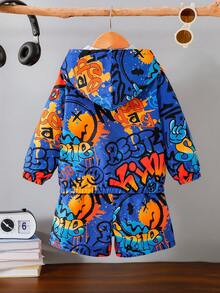 2pcs Young Boy Graffiti Expression All-Over Print Sports Hoodie Jacket And Shorts, Suitable For Daily Wear, School, Sports, Spring, Summer, Autumn - Multicolor - View 2