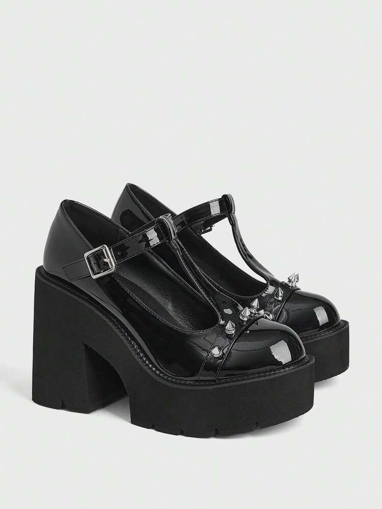 Sugerpunk Women Shoes Fashion Slope Heel Platform Shoes, Punk Style Gothic Dark Mirror Rivet Buckle Design Versatile Fashion, Nightclub Party Sexy Holiday - Fog comb black - View 8