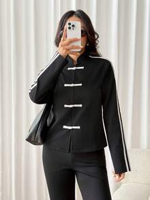 SHEIN PETITE Jaket Wanita Model Baru dengan Kancing Katak Model Pas Badan Gaya Cina - Navy Blue - View 1