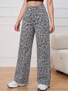 SHEIN ICON 女款豹紋休閒百搭日常穿著牛仔褲 - 彩色 - 查看 6