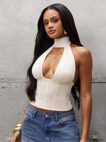 Denimoi Halter Corset Top Sexy Tops Lace Up GNO Date Night Dinner Going Out Tops - Apricot - View 5