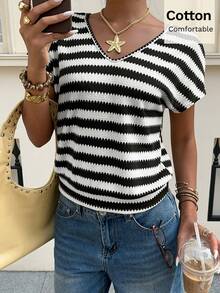 Siren Gaze Summer New V-Neck Wide Short Sleeve Top For Women - Black and White - View 5
