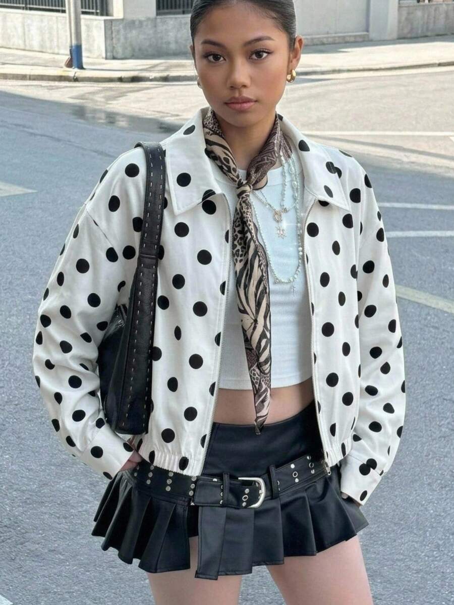 SHEIN 兒童青少年女孩秋冬新款休閒龐克時尚波點印花長袖拉鍊寬鬆短夾克,酷街頭風運動單車拉鍊外套,Y2K服飾,返校季 - 白色 - 查看 1
