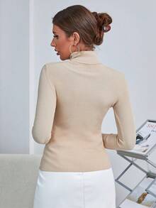 SHEIN LUNE Jersey de cuello alto de punto acanalado, tops de manga larga de punto, jersey de punto para otoño e invierno - Albaricoque - Ver 2