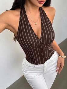SHEIN PETITE 女款棉質條紋立領單排扣馬甲薄款西裝外套 秋冬款 - 棕色 - 查看 2