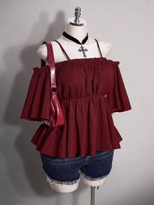 SHEIN ICON 大尺碼女款 Y2K 復古純色露肩上衣 - 酒紅色 - 查看 4