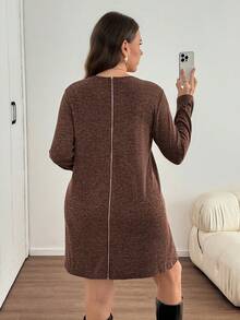 SHEIN LUNE Plus Size Casual Long Sleeve Dress, Autumn Fall - Brown - View 2