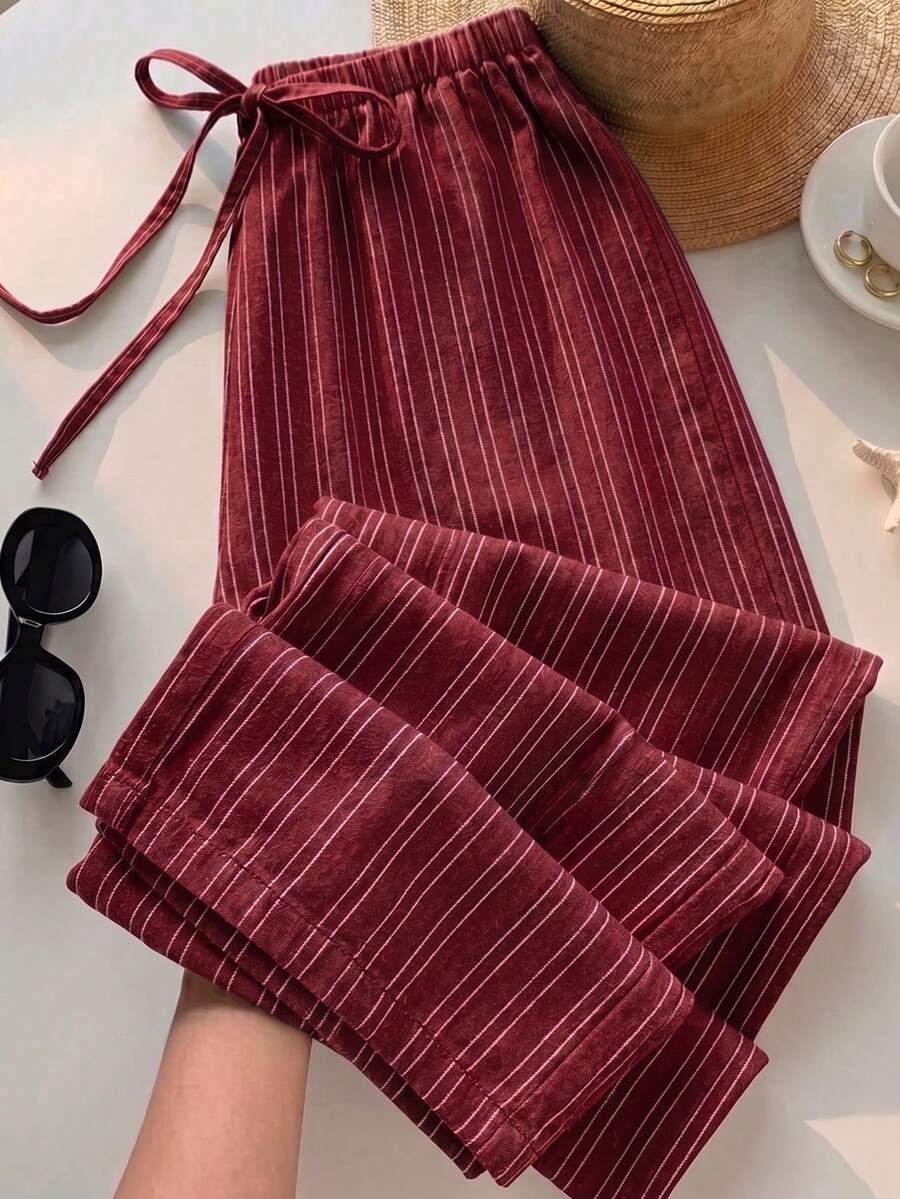 SHEIN EZwear 女款休閒腰部綁帶直筒長褲,適合夏季 - 紅色 - 查看 1