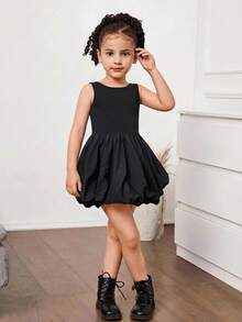 SHEIN Young Girl Plain Round Neck Backless Snug Fit Knit Dress - Black - View 3