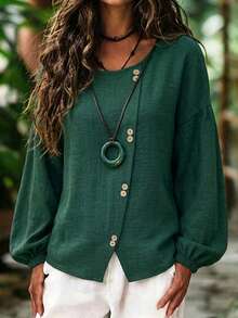 Zayélia Spring/Autumn Women's Casual Blouse With Round Neck Puff Sleeves Asymmetric Button Closure Suitable For Commuting Vacation Brunch Dark Green - Dark Green - View 1