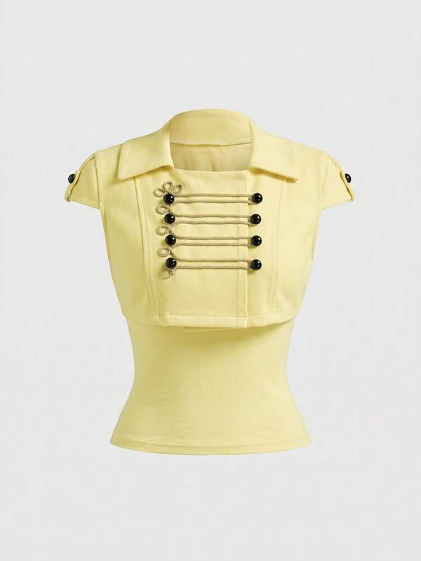 ROMWE Grunge Punk Y2K Vintage Girl Court Style Napoleon Knight Double-Breasted Short Jacket Top Spring New Camisole Tank Top 2 Pieces Set
