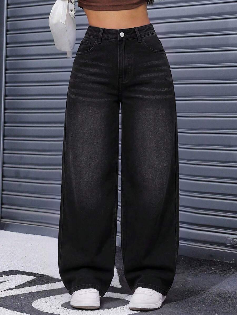 SHEIN ICON 大尺碼時尚百搭鈕扣口袋寬鬆牛仔褲 - 黑色 - 查看 1