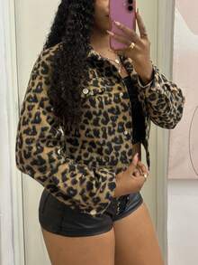 StreetHx Sexy Casual Leopard Print Fabric Pocket Decor Tweed Jacket Night Out Tan Autumn - Multicolor - View 4