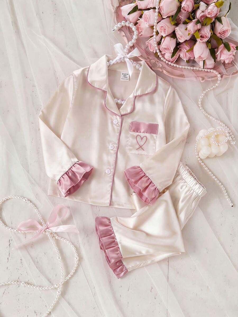 Girls' Apricot Satin Solid Color Contrast Design Ruffle Sleeve Long Open Front Top And Pants With Pockets And Heart Embroidery 2-Piece Set, And Sweet For Spring And Autumn - Champagne - View 1