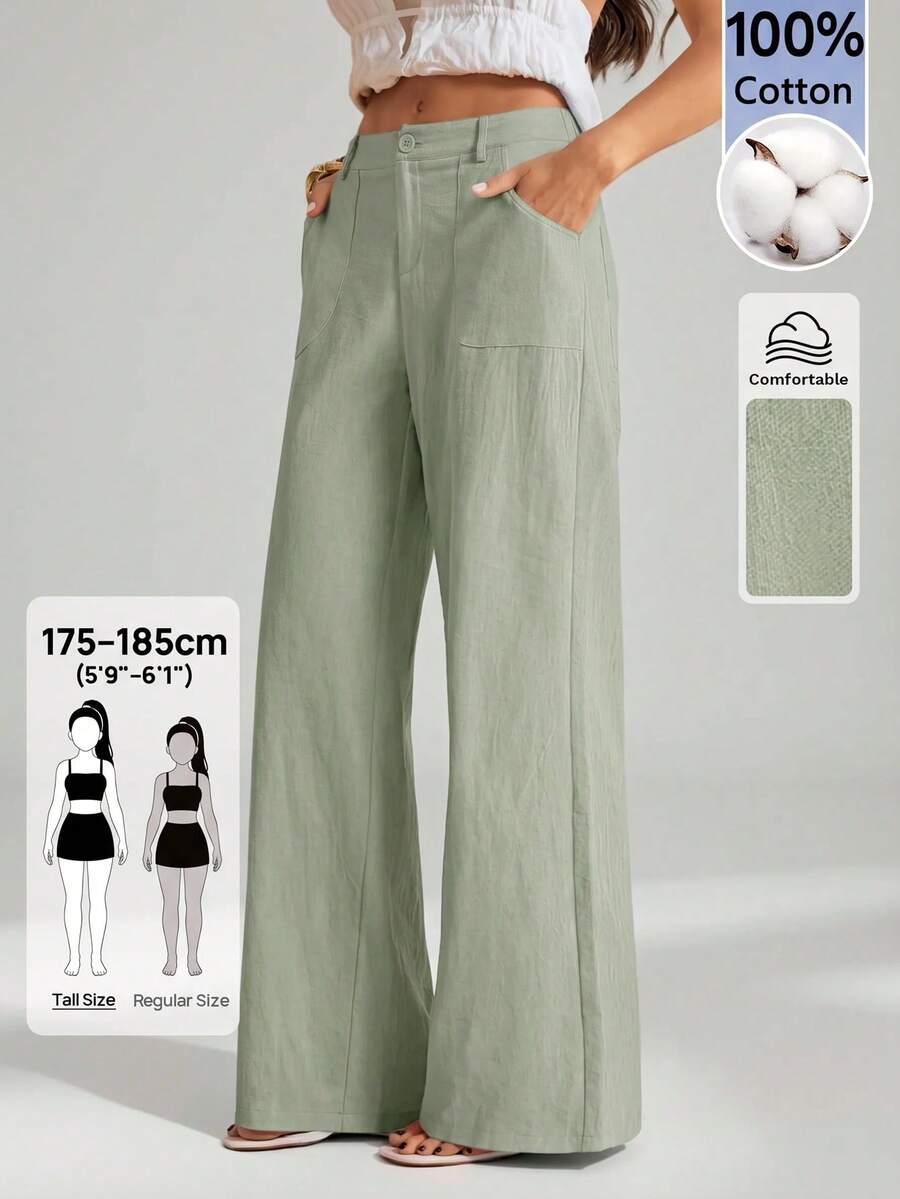 SHEIN Tall 100% Washed Cotton Low Waist Straight Pants - Olive Green - View 1