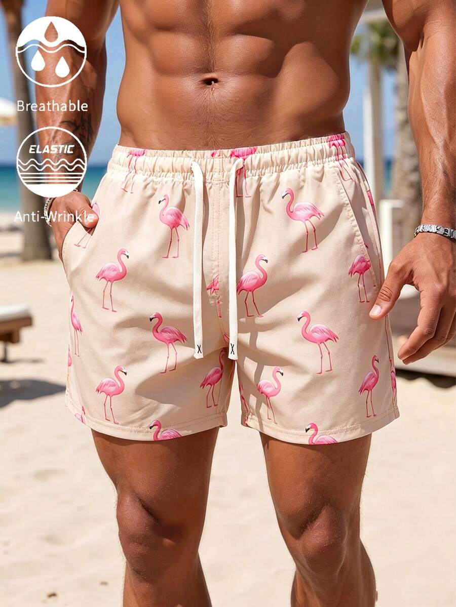 CoralVoy Men's Flamingo Print Drawstring Waist Casual Beach Shorts - Coral Pink - View 1