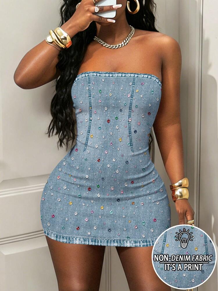 non bodycon dress Rovax Hot-Selling Women's Fashion Knit Bandeau Mini Dress/Print Design-Faux Denim Rhinestone Pattern/Sexy Mini Pink