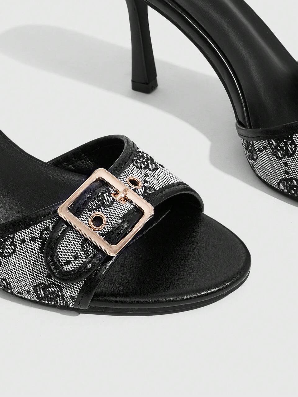CUCCOO SZL Women Shoes Black And White PU Rose Print Gold Buckle Design Fashion Sexy Temperament Round Toe High Heel Slippers