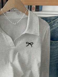SHEIN 女款 POLO 領修身 T 恤，休閒極簡優雅風，適合日常休閒穿著，長袖上衣，春/秋季新款時尚上衣，蝴蝶結圖案 T 恤上衣 - 灰色 - 查看 4