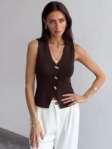 Aloruh Women's Solid Color Metal Single-Breasted Casual Elegant Versatile Daily Office Knit Top Dark Brown Autumn - Mocha Brown - View 4