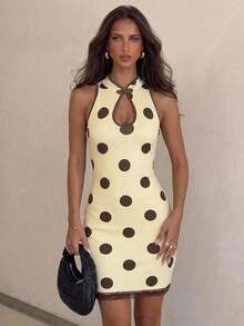 Aloruh Women's Elegant Sexy New Chinese Style Frog Button Polka Dot Print Slim Fit Bodycon Mini Dress - Multicolor - View 2