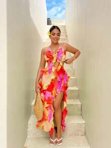 SHEIN SXY Summer Beach Colorful Printed Backless Spaghetti Strap Ruffle Hem Dress,Sundress - Multicolor - View 8