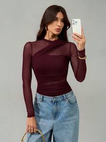 SHEIN Tall 女款栗棕色連身衣，透視網紗長袖，抓皺設計，半高領，適合雞尾酒會、浪漫約會或冬季疊穿 - 紫紅色 - 查看 8
