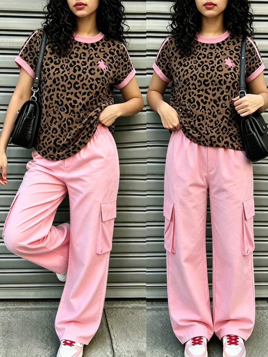 SHEIN 青少年女孩休閒極簡百搭豹紋撞色T恤與工裝褲兩件套,春/秋季 - 彩色 - 查看 1