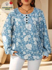 EMERY ROSE Plus Size Women's Floral Print Round Neck 3/4 Sleeve Button Front Ribbed Cuff Loose Fit Pullover Hoodies Casual Elegant Autumn Blue And White Birthday - Multicolor - View 3