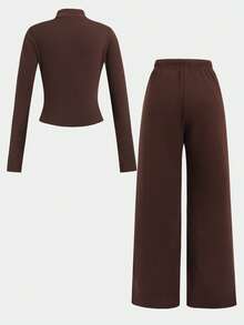 SHEIN Conjunto de chaqueta y pantalones de unicolor casual para niña preadolescente - Marrón - Ver 3