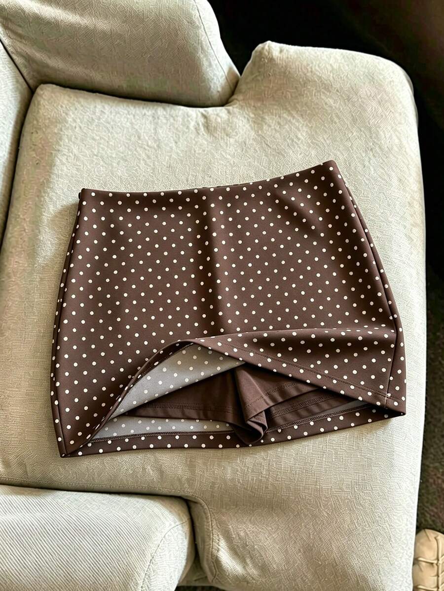 SHEIN Franclia Rok Celana Pendek Wanita Motif Polkadot Modis Kasual Serbaguna - Coffee Brown - View 1