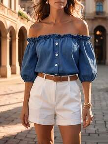 LUMIGAL New French Style Casual Romantic Off-Shoulder Petal Sleeve Denim Top Brunch Vacation Blue Summer - Blue - View 6