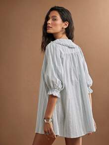 WESTFADE Embroidered Plaid Ruffle Collar Button Front Puff Sleeve Babydoll Mini Dress, Fall, Winter, Autumn, Female Country Look, Cowgirl, Church, Festival - Green - View 3