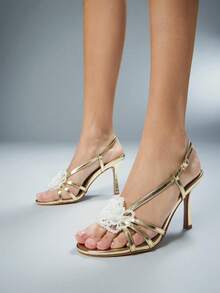 SHUZIA Women's Elegant Minimalist Pearl Floral Decor Back Strap Stiletto Heel Sandals - Gold - View 2