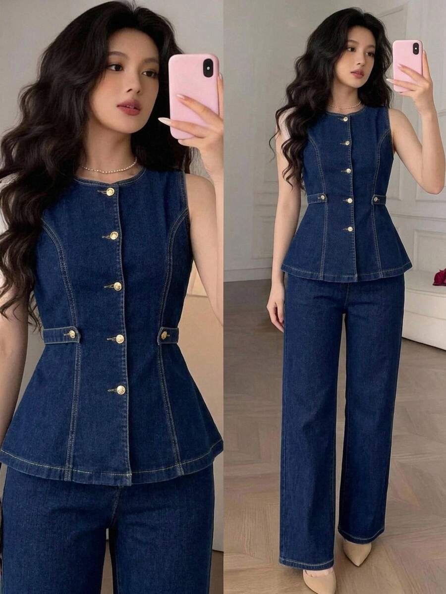 Feyla Women's Casual Commute Vest & Long Pants Denim Set Teacher Outfits For Women - Dark Wash - View 1
