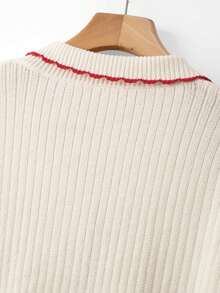GlowEve CURVE Plus Size Women's Autumn Elegant Versatile Contrast Color Wavy Trim Lapel Button Short Sleeve Knit Top, Commuter Elegant Suitable For Daily, Outing, Dating And Multiple Occasions - Beige - View 4