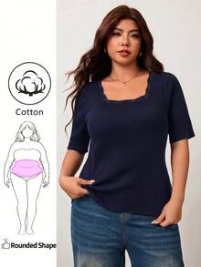 Enliva Kaos Wanita Ukuran Besar, Elastisitas Tinggi, Potongan Slim Fit, Lengan Pendek, Leher Persegi, Ramah Kulit, Gaya Musim Semi/Panas, Detail Renda di Garis Leher - Navy Blue - View 2