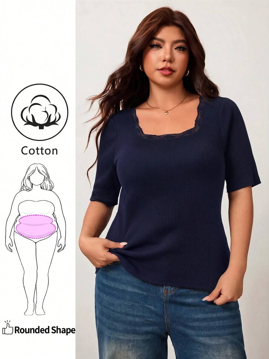 Enliva Kaos Wanita Ukuran Besar, Elastisitas Tinggi, Potongan Slim Fit, Lengan Pendek, Leher Persegi, Ramah Kulit, Gaya Musim Semi/Panas, Detail Renda di Garis Leher