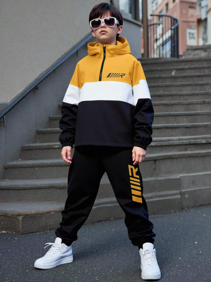 SHEIN 2件組兒童青少年男孩休閒日常舒適配色拼接連帽半拉鍊套頭寬鬆長袖外套與寬鬆錐形長褲梭織套裝，外套適合秋冬 - 黃色 - 查看 1
