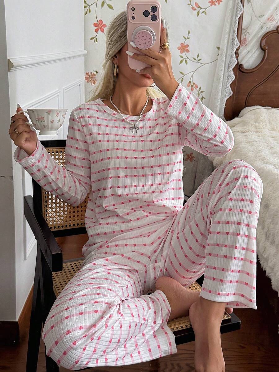 CottageSlumber Minimalist Casual Ribbed Texture Heart Print Long Sleeve Long Pants Loungewear Set - Pink - View 1