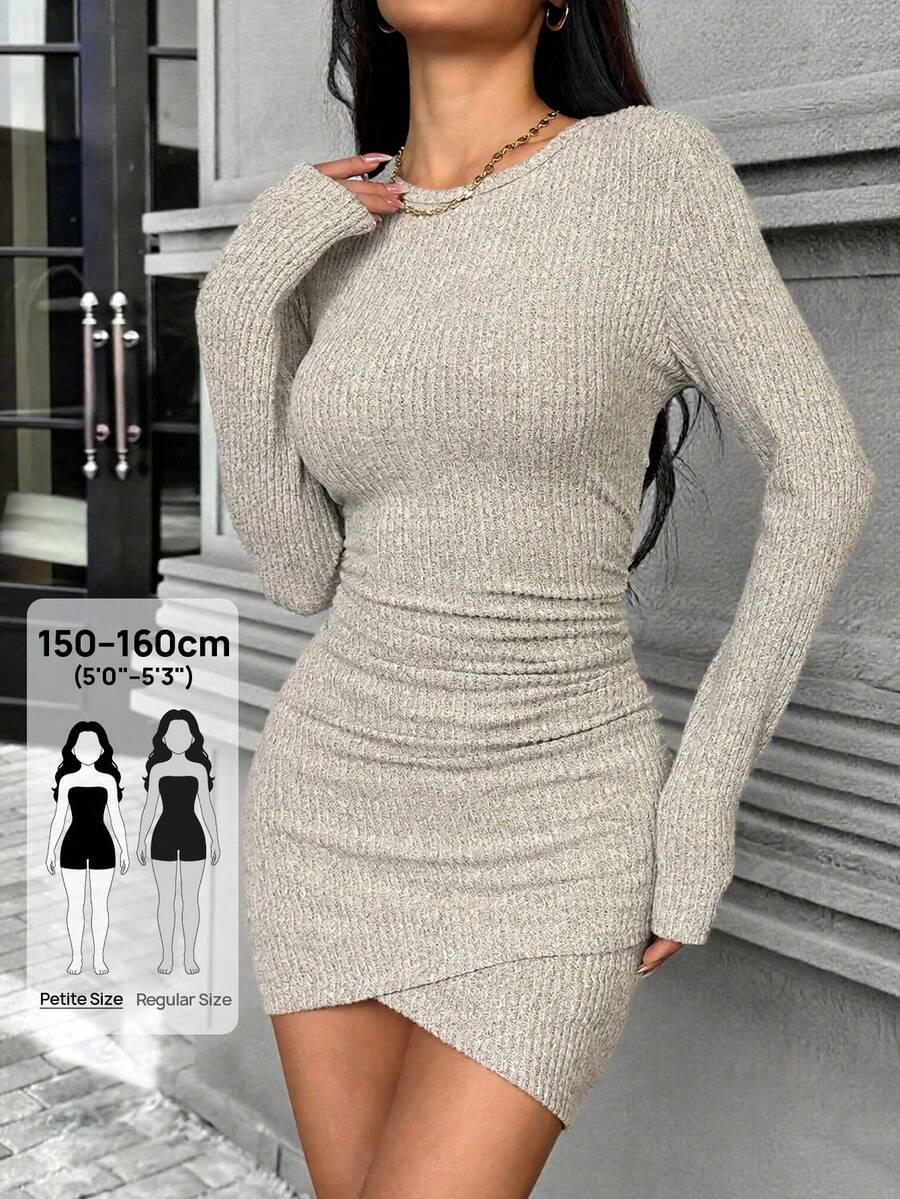 SHEIN PETITE 黑色抓皺腰高領修身短洋裝，適合女性，秋季外出上衣，優雅洋裝，新年洋裝，優雅派對洋裝，小碼 - 米色 - 查看 1