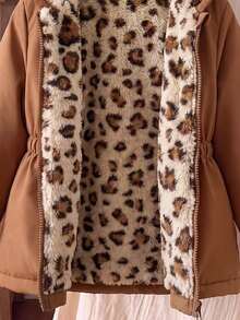 SHEIN Elladie kids 1件女童冬季粉色花卉保暖內裡拉鍊連帽外套，彈性腰頭，加厚保暖休閒西式通勤百搭簡約時尚夾克 - 棕色 - 查看 5